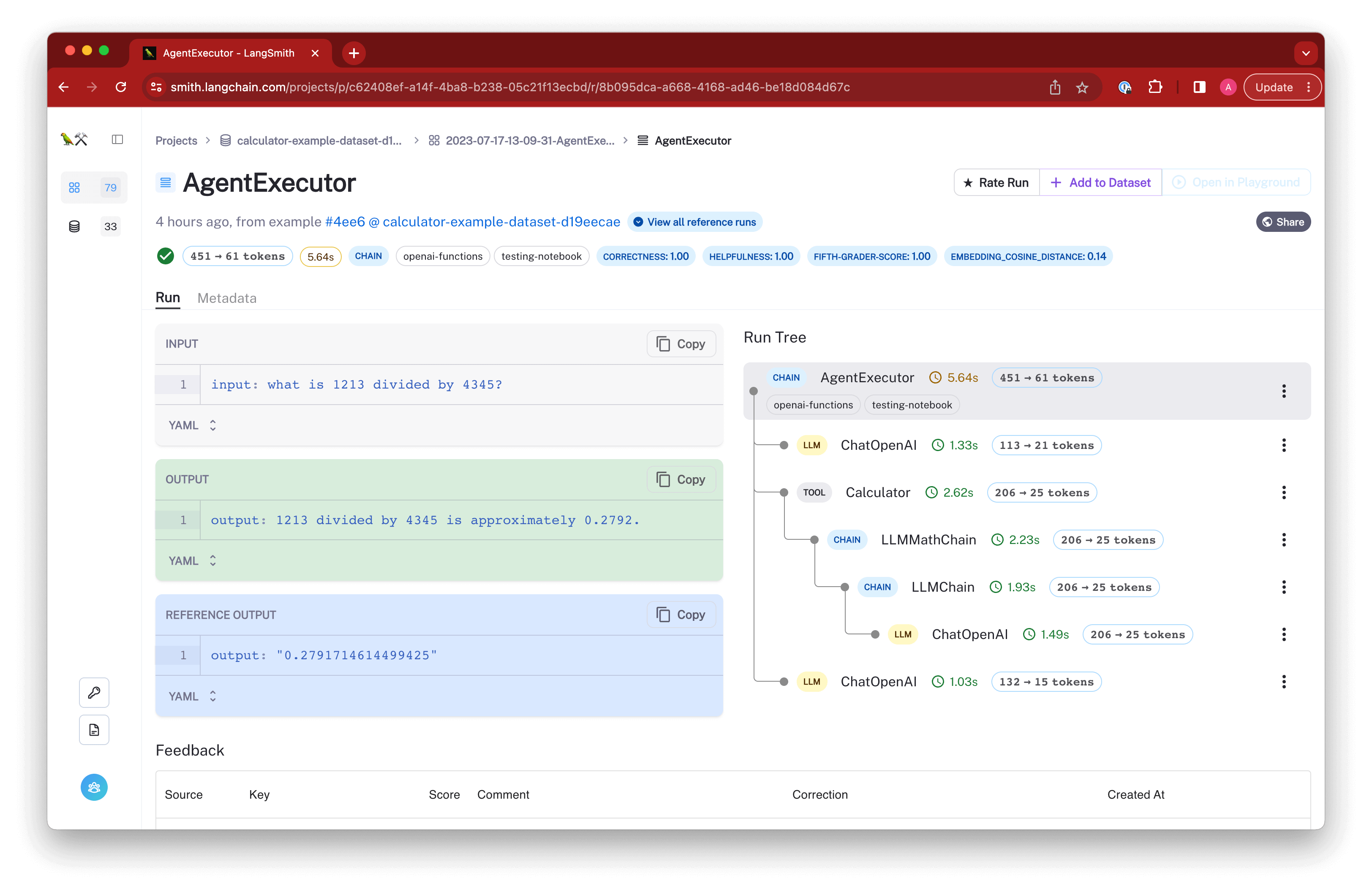 Screenshot of the LangSmith debugging interface showing an AgentExecutor run with input and output details, and a run tree visualization.